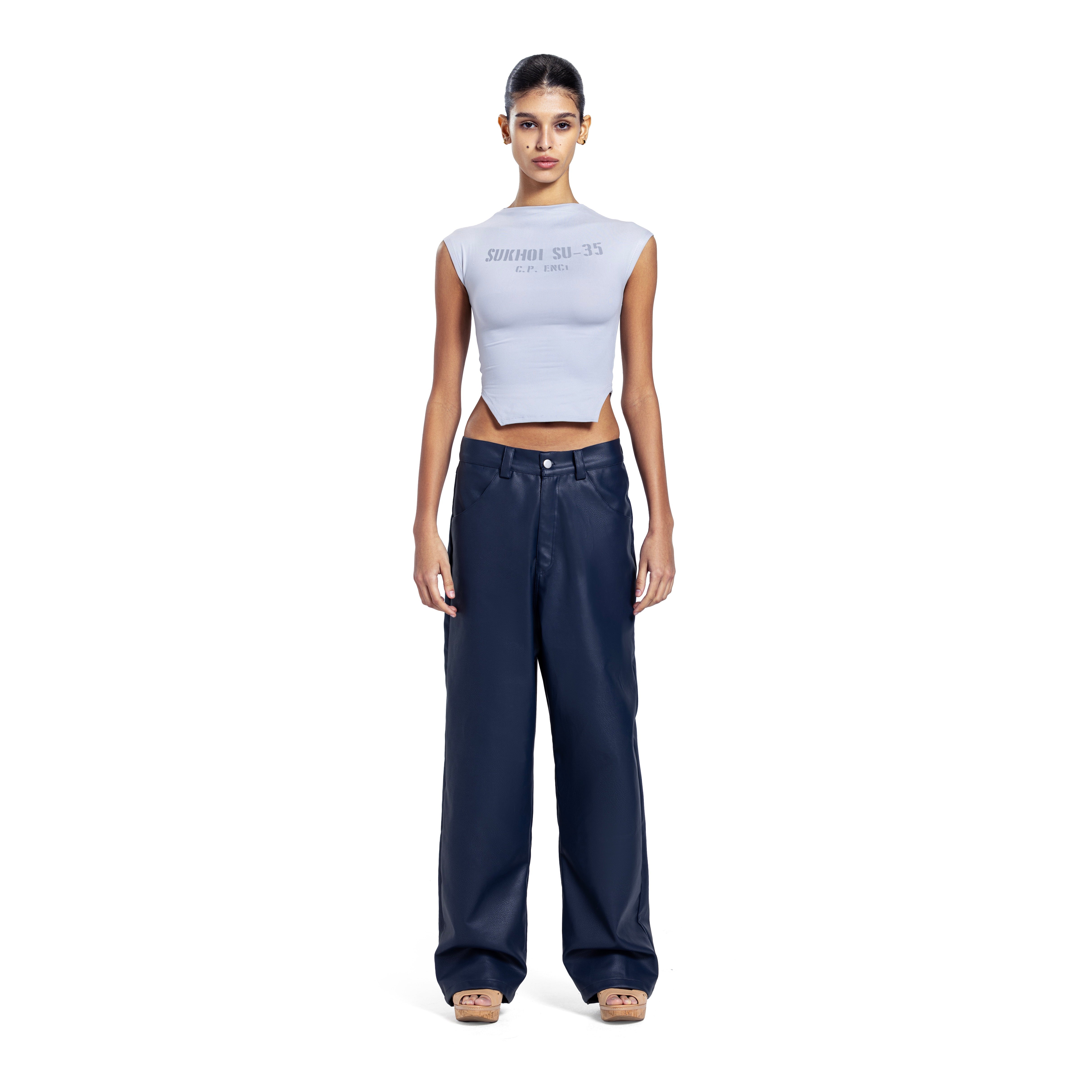 NAVY LEATHER TROUSERS