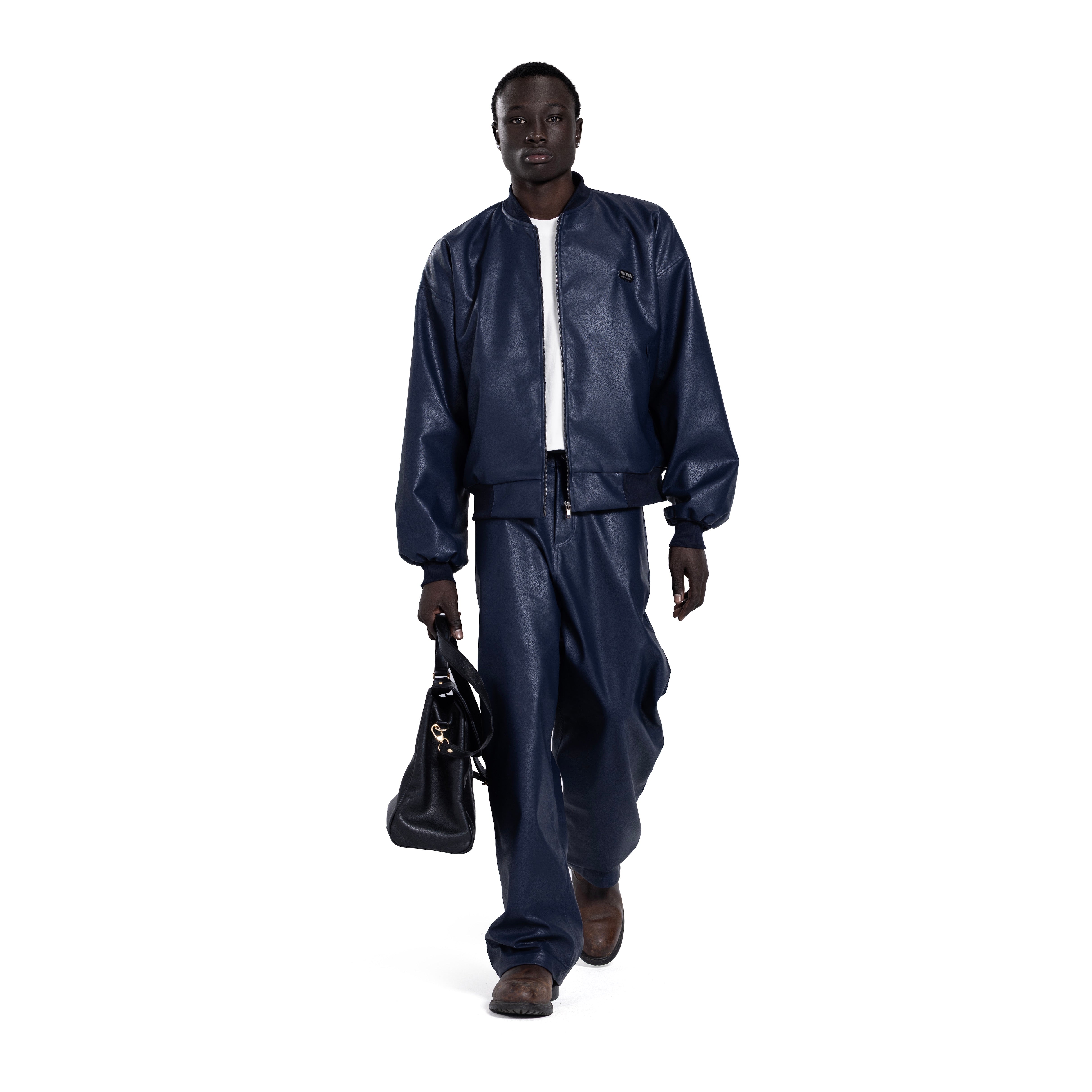 NAVY LEATHER TROUSERS